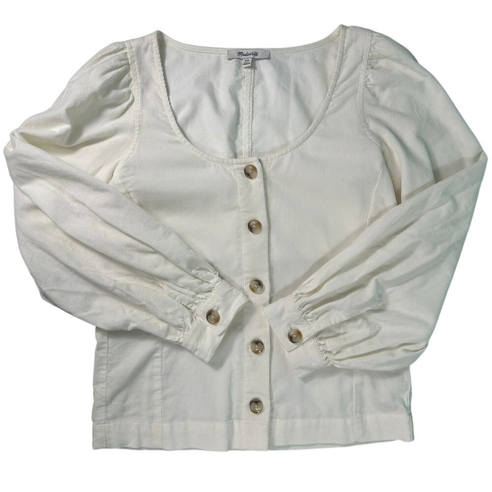 Madewell Corduroy Shirred-Sleeve Button-Front Shirt Ivory Blouse Top Size XS‎